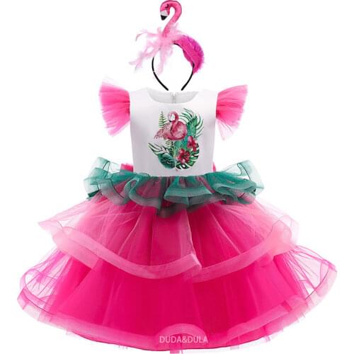 Girl Summer Tutu Dress Childrens Girl Princess costume Flamingo Headpiece Hair Hoop Set Children Halloween Cosplay Party Dress