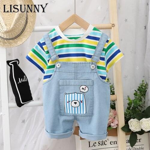 Boy Suits 2021 Summer Baby Boys Girls Clothing Sets Stripe Short Sleeve T Shirt Denim Shorts Infant Clothes Children Clothing