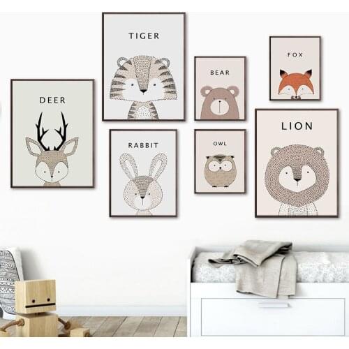 Lion Tiger Rabbit Owl Deer Fox Bear Baby Room Wall Art Canvas Painting Nordic Posters And Prints Wall Pictures Kids Room Decor