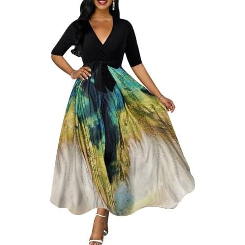 2021 New Women Plunging Neck Tie Dye Print Belted Maxi Dress