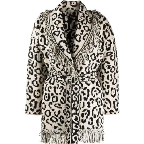 New Arrival Autumn Winter 2021 Fashion womens High quality leopard cashmere cardigans Chic women wool belt tassels coat B032