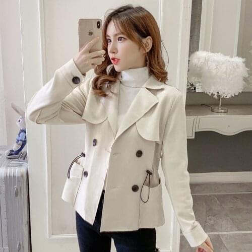 Autumn New Arrival Women Lapel Windbreaker Jacket Loose Double Breasted Long Sleeve Casual Drawstring Women Coat