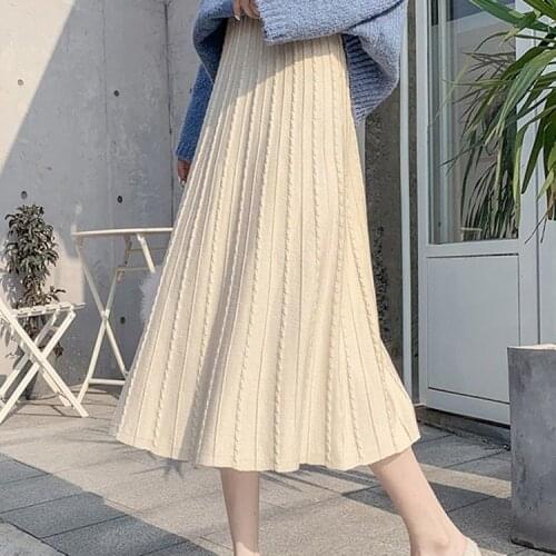 2021 Autumn Winter Women Elegant Pleated Knitted Skirt Ladies Thick Warm A Line High Waist Skirt Female Casual Solid Faldas Q205