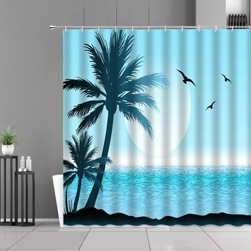 Beach Coconut Trees Landscape Shower Curtain Car Shell Starfish Sea Wave Wood Grain Summer Sea Scenery Bathroom Decor Curtains