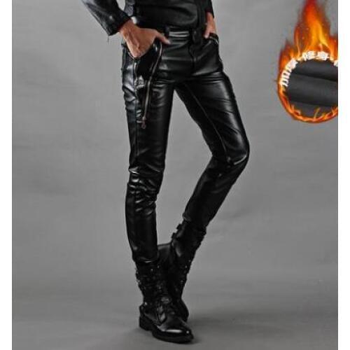 Plus velvet personality fashion thicken motorcycle faux leather pants mens feet pants pu trousers for men pantalon homme autumn