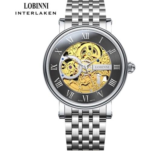 LOBINNI Transparent Case Open Work Stainless Steel Mechanical Skeleton Wrist Watch Luxury Men Waterproof Automatic Watches