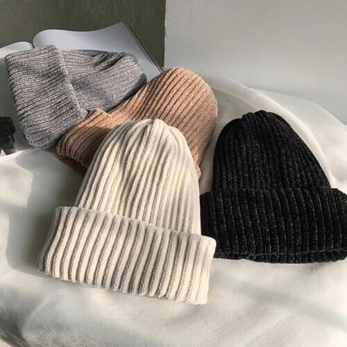 Women Winter Double Layer Thicken Chenille Velvet Beanie Hat Ribbed Knitted Simple Solid Color Cuffed Skull Cap Ear Warmer
