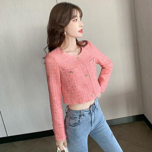 Spring and Autumn Xiaoxiangfeng Coat Pink Tweed Jacket Korean Loose Jacket Blouse Long Sleeve Sweet