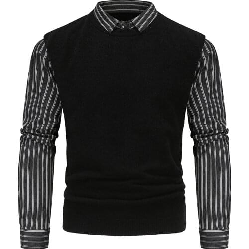 YM611 New 2021 Fall Slim Mens Fake Two-piece Pullovers British Shirt Collar Striped Sleeve Knit Sweater