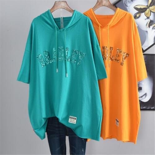 Womens Summer Wear, Short Sleeves, 5XL Hooded Hoodies, Loose Plaid Plaids, Sequined Monogram T-Shirts