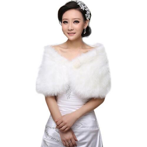 Womens White Faux Fur Bridal Wrap Stole Shawl Cape Wedding Artificial Pearl Ball Embellishment Winter Coat Shrug
