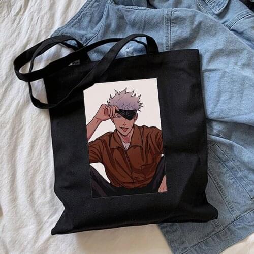 Ladies Hand Bags Jujutsu Kaisen Gojo Japan Anime Kawaii Shopping Bag With Zip Cotton Black Khaki Blue Shoulder Canvas Tote Bag