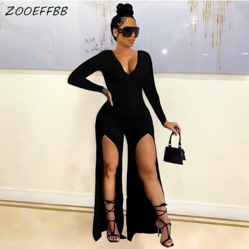 ZOOEFFBB Sexy Loose High Split Jumpsuit Club Long Sleeve Outfit Fashion Women One Piece Deep V Rompers Autumn Streetwear Clothes