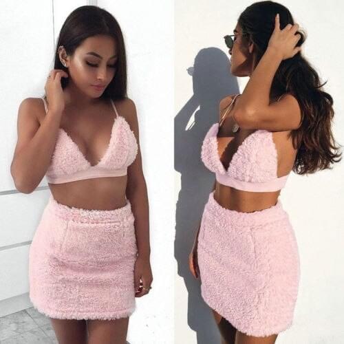 Women Sexy Plush Fluffy Bralette Bra Top + Skirt Suit Club Party Evening Cocktail Short Mini Dress 2pcs