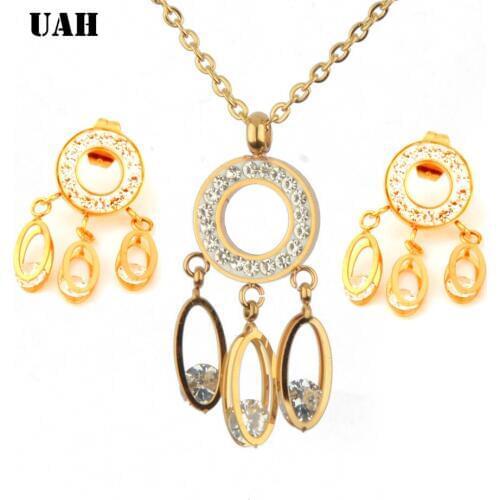 UAH Austrian Crystal Flower Stainless Steel Jewelry Sets Women African Costume Jewelry Maxi Necklace Earring Set