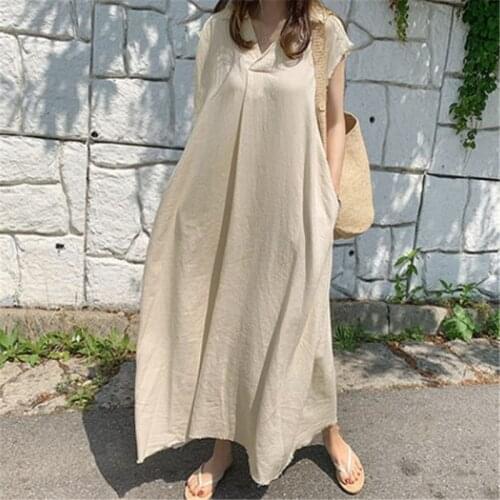 Johnature Summer V-neck Sleeveless Women Dress 2021 New Long Lazy Solid Color Loose Pockets Female Dresses