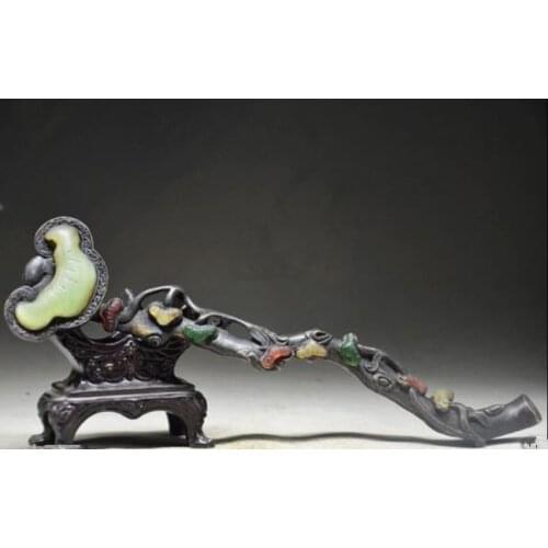 10.63 " / Exquisite Chinese manual copper inlaid with artificial jade ruyi statue