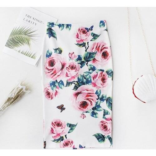 2021 Casual High Waist Vintage Elegant Bodycon Floral Print Midi Skirt elastic white pencil Korean office skirts womens C516