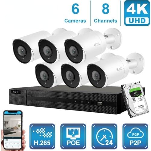 8CH NVR 4/6/8Pcs 8MP 4K Bullet POE IP Camera NVR Kit Outdoor Security Systems Night vision H.265 P2P View NVR Kits
