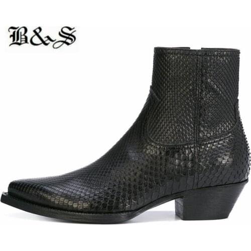 Black& Street New 5CM Heel Pointed Toe High End Handmade wedge Serpentine cow leather Zipper Boots Chelsea western denim Boots