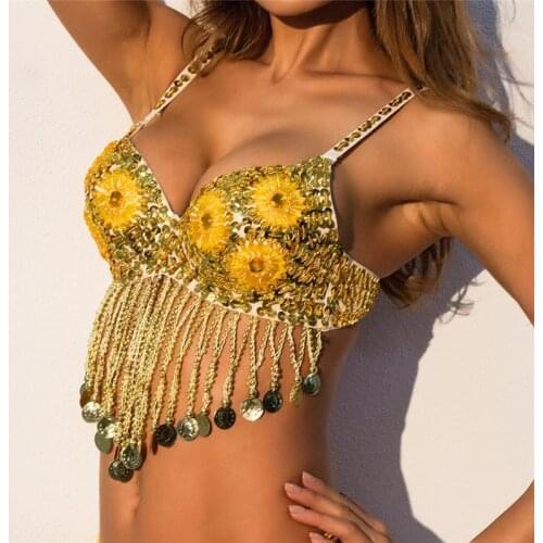 Womens Tribal Glitter Sparkle Belly Dance Beaded Sequined Bra Top for Rave Cabaret Party Coin Tassel Festival Tops