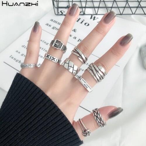 HUANZHI 2020 Hip Hop Belt Tie Multilayer Letter Rings Vintage Tibetan Silver Adjustable Ring for Women Men Jewelry Gifts