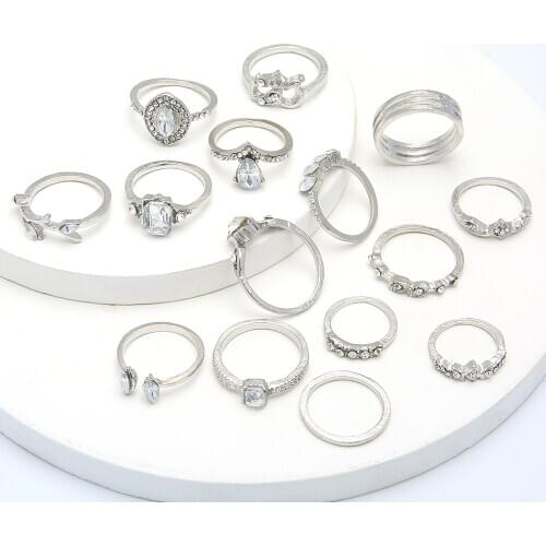 Trendy Acrylic Stone Rings Set for Women Men Anniversary Jewelry Open Silver Color Crystal Plant Ring Girls Finger Jewellery