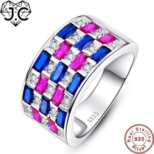 J.C Fine Jewelry Gorgeous Wedding Classic Style Women Ruby & Sapphire Blue Topaz Solid 925 Sterling Silver Ring Size 6 7 8 9