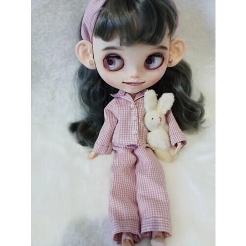 Blythes 1/6 size doll clothes outfit with plaid pink pearl button pajama set (jacket + trousers + headband) doll accessories