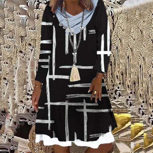 2021 Fashion Autumn Boho Dress Womens Geometric Printed Dresses Casual Long Sleeve Fake Two Piece New Dress For Women Vestidos