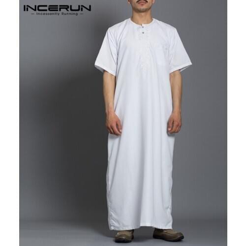 Men Muslim Islamic Kaftan Saudi Arabia Solid Color O Neck Short Sleeve Fashion Jubba Thobe Dubai Middle East Robes INCERUN 2021