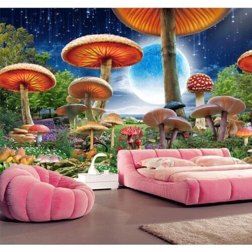 Bacaz Night Scenery Fairy Tale World Mushroom Forests Wallpaper for Baby Child Room Background 3D Wall Mural Wall paper Stickers