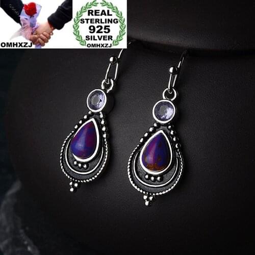 OMHXZJ Wholesale European Fashion Woman Girl Party Gift Geometric Amethyst AAA Zircon S925 Sterling Silver Drop Earrings EA423