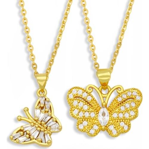 FLOLA Bling Butterfly Necklace For Women Crystal Cubic Zirconia Pendant Necklace CZ Gold Plated New Design Jewelry Gifts nkeu49