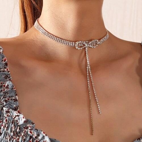Full Rhinestone Thin Chain Necklace Female Rhinestone Bowknot Clavicle Chain Jewelry Tassel Necklace Holiday Jewelry Gift