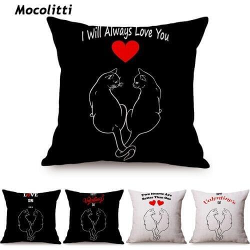 Black White Simple Couple Cat Decoration Sofa Throw Pillows Linen Cotton Cute Animal Valentine Day Gift Handmade Cushion Cover