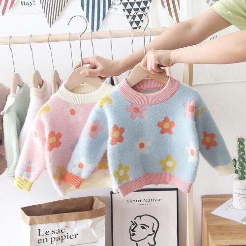 Ins hot babygirls sweater 1-5 years old Autumn and winter cotton Imitation mohair jacquard flowers baby girl winter clothes