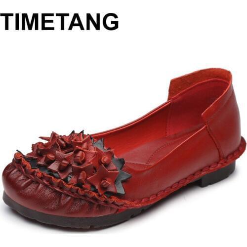 TIMETANG Handmade Vintage Genuine Leather Women Casual Flat Shoes Fashion Flowers Slip On Flats Loafers Soft Flowers Women Shoes
