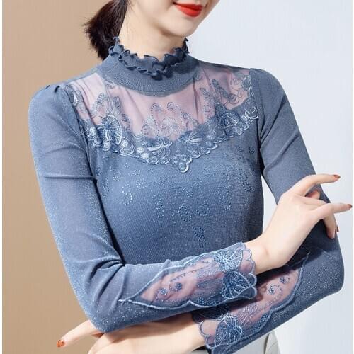 Lace Bottoming Shirt Women 2021 Spring Long-sleeved Stand-up collar Bright Silk Gauze Top Black Plus Size Lace T-Shirt