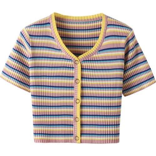 Summer Womens V-neck Knitted short-sleeved T-shirt Stretch High Waist Striped Short Tops 2021 New