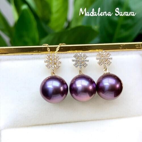 MADALENA SARARA 10mm-11mm Freshwater Pearl Women Earrings 18K Gold Comma Style Natural Purple Pearl Necklace