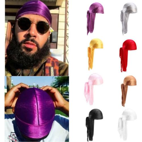 Hot sale solid Turag Headwear Headband Pirate Cap Men and Women Rag Biker Hat Smooth Silk Nylon Cap Biker Headwear