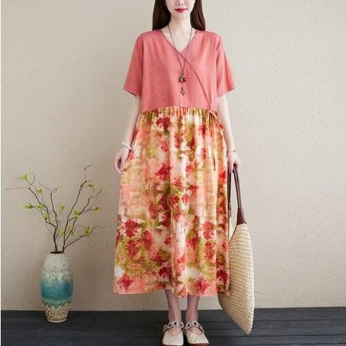 Women Summer Cotton Linen Long Dress New 2021 Vintage Style V-neck Patchwork Floral Print Loose Female Casual Dresses B234