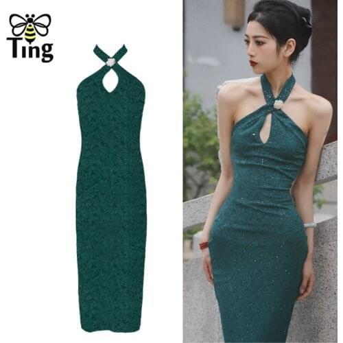 Tingfly Sexy Halter Green Color Bodycon Sheath Midi Long Party Night Dresses Women Evening Clubewear Open Back Summer Robe Hot