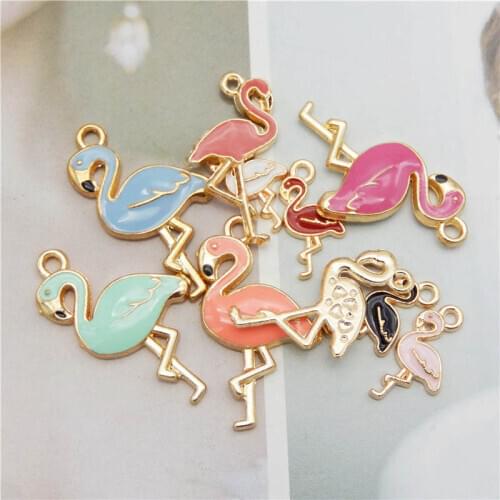 Julie Wang 10PCS Enamel Flamingo Charms Mixed Styles Colors Bird Animal Bracelet Necklace Earring Alloy Jewelry Making Accessory