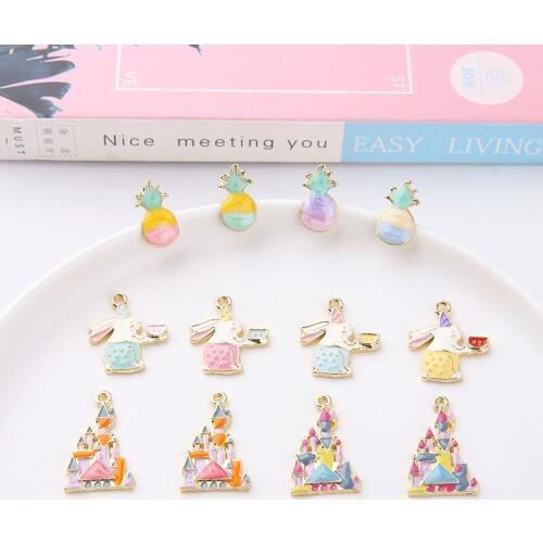 10pcs Japanese Cute Cartoon Animal Earrings For Women Lovely Girl Rabbit Castle Pearly Pineapple Sweet pendant Jewelry Material