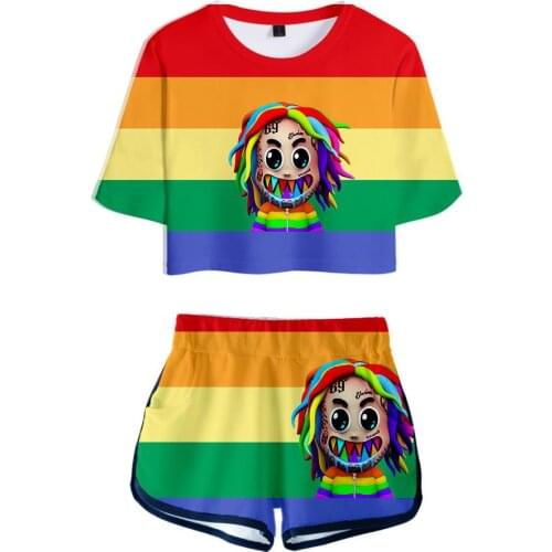 3D Rainbow Logo Little Shark 6IX9INE GOOBA Fashion Two-piece Sets Sexy Summer Short Sleeve+pants Fashion Hip Pop Womens Sets