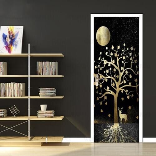 Abstract Fortune Tree Elk Door Sticker PVC Waterproof Self-adhesive Wallpaper Living Room Door Decor Decals Mural Wall Stickers