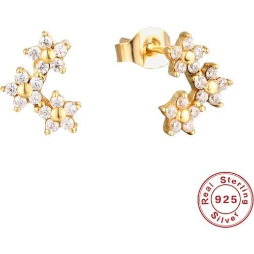 BOAKO 925 Sterling Silver Clear Zircon Three Flower Stud Earrings For Women Fashion Crystal Ear Stud Wedding Party Fine Jewelry