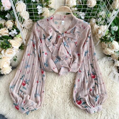 Floral Women Blouses Bow Tie Collar Lantern Long Sleeve Blusas Shirt 2021 Spring Autumn New Causal Korean Elegant Tops